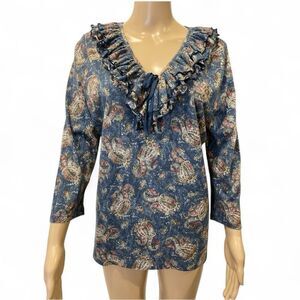 LRL Lauren Jeans CO. Floral Ruffle V-Neck Blouse